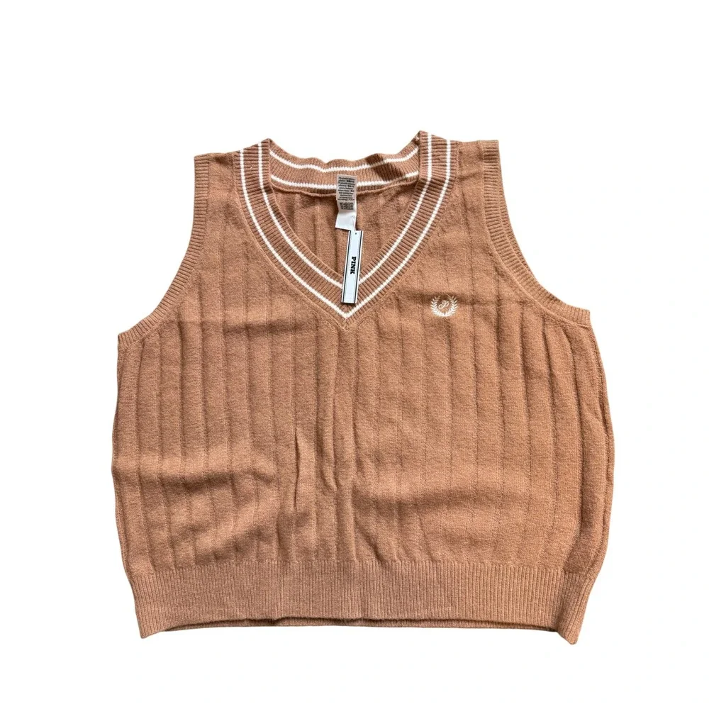 Pink Victoria's Secret Varsity Sweater Vest Tan Ribbed V-Neck XXL NWT